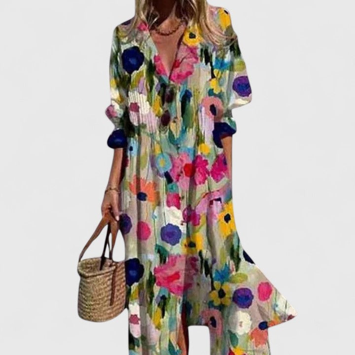 Women's Boho Maxi Dress with V-Neck and Long Sleeves
