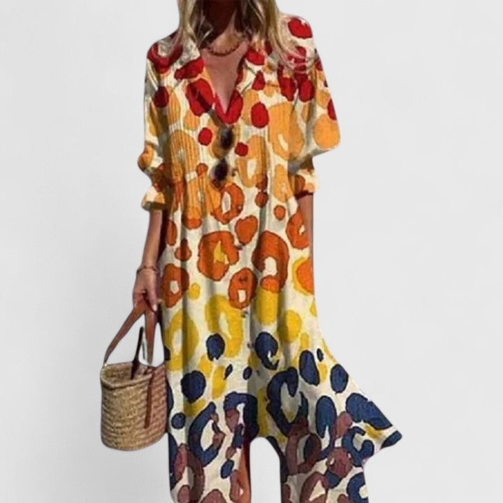 Women's Boho Maxi Dress with V-Neck and Long Sleeves
