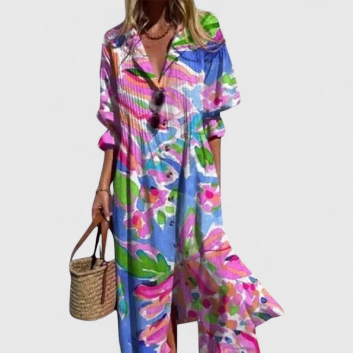 Women's Boho Maxi Dress with V-Neck and Long Sleeves