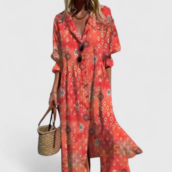 Women's Boho Maxi Dress with V-Neck and Long Sleeves