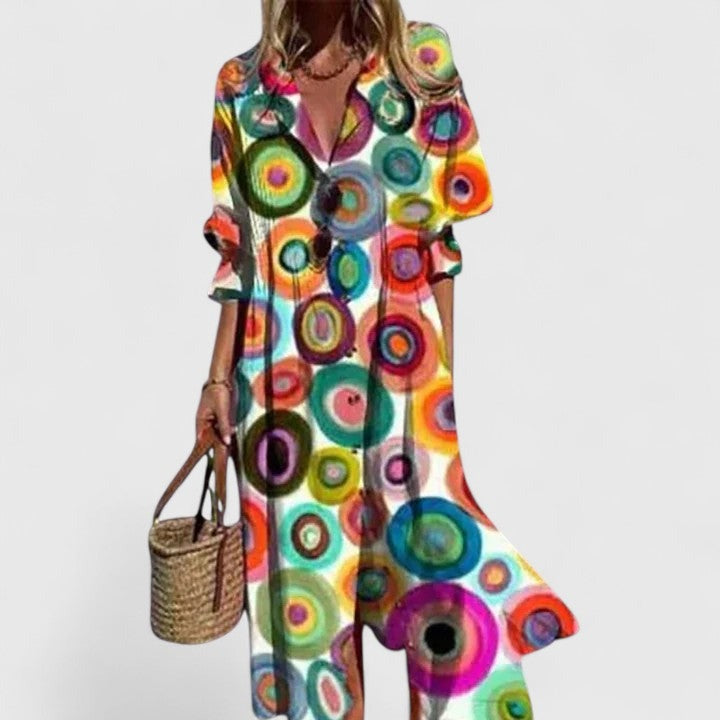 Women's Boho Maxi Dress with V-Neck and Long Sleeves