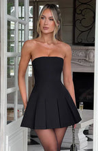Black Strapless Mini Dress with Box Pleat Skirt
