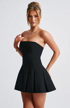 Black Strapless Mini Dress with Box Pleat Skirt