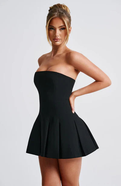 Black Strapless Mini Dress with Box Pleat Skirt
