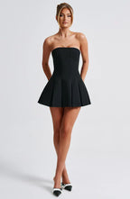 Black Strapless Mini Dress with Box Pleat Skirt