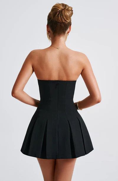 Black Strapless Mini Dress with Box Pleat Skirt