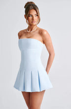Blue Strapless Mini Dress with Box Pleat Skirt