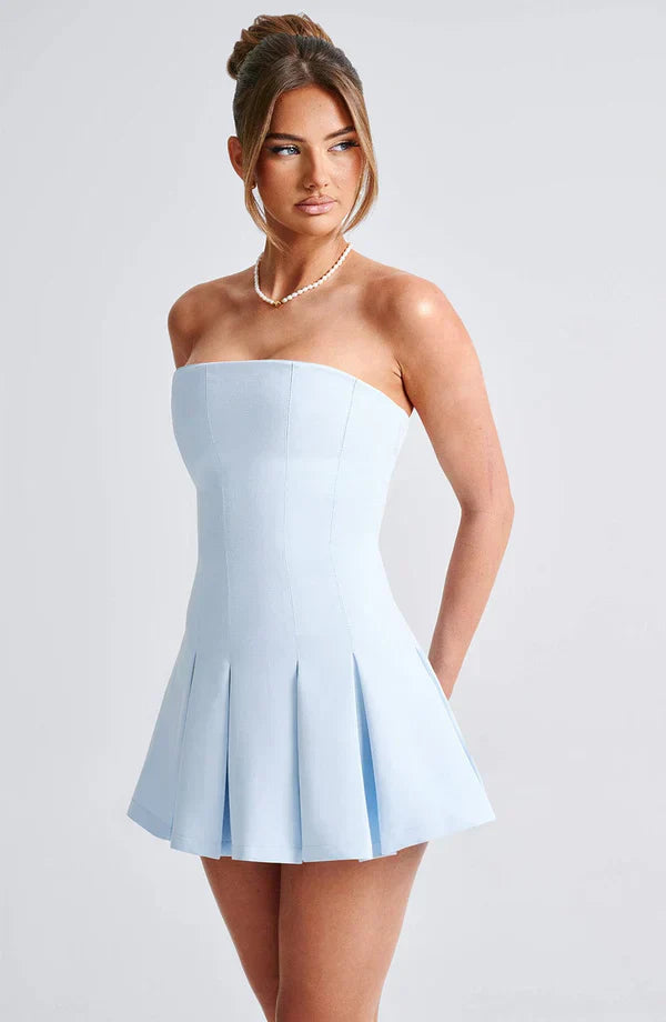 Blue Strapless Mini Dress with Box Pleat Skirt