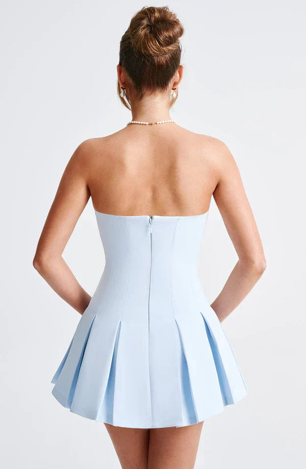Blue Strapless Mini Dress with Box Pleat Skirt