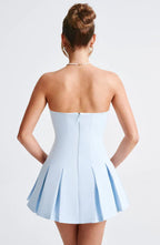 Blue Strapless Mini Dress with Box Pleat Skirt