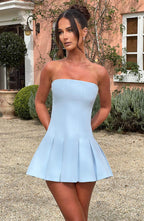 Blue Strapless Mini Dress with Box Pleat Skirt