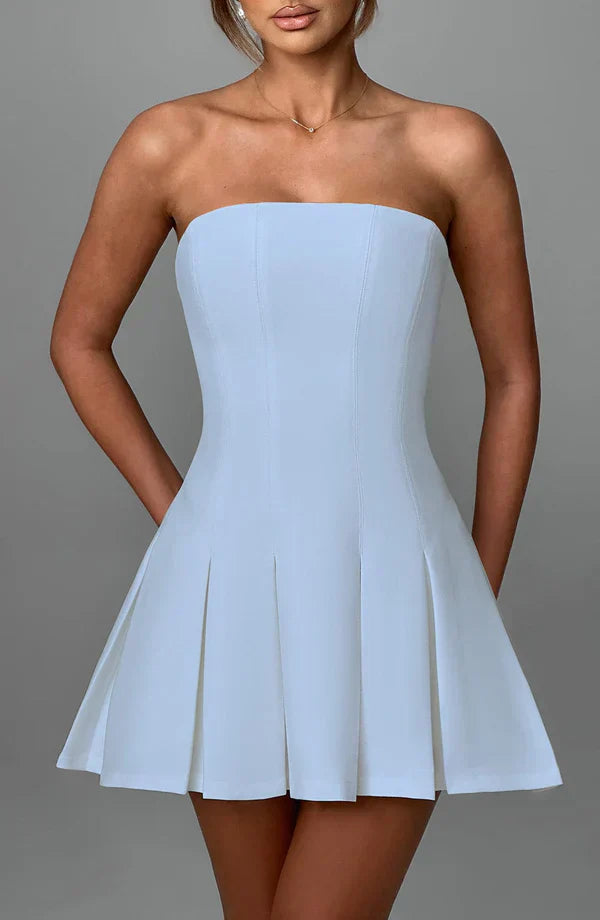 Blue Strapless Mini Dress with Box Pleat Skirt