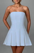 Blue Strapless Mini Dress with Box Pleat Skirt