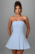 Blue Strapless Mini Dress with Box Pleat Skirt