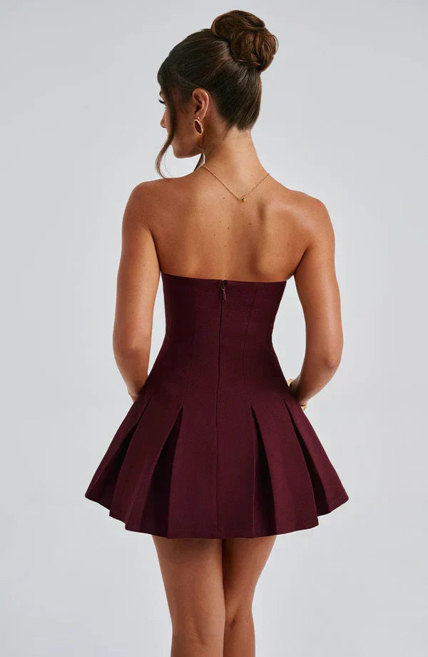 Rose Gold Strapless Mini Dress with Box Pleat Skirt