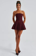 Rose Gold Strapless Mini Dress with Box Pleat Skirt
