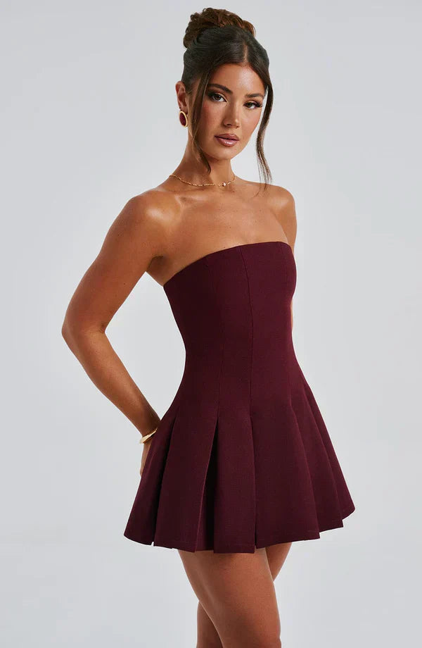 Rose Gold Strapless Mini Dress with Box Pleat Skirt