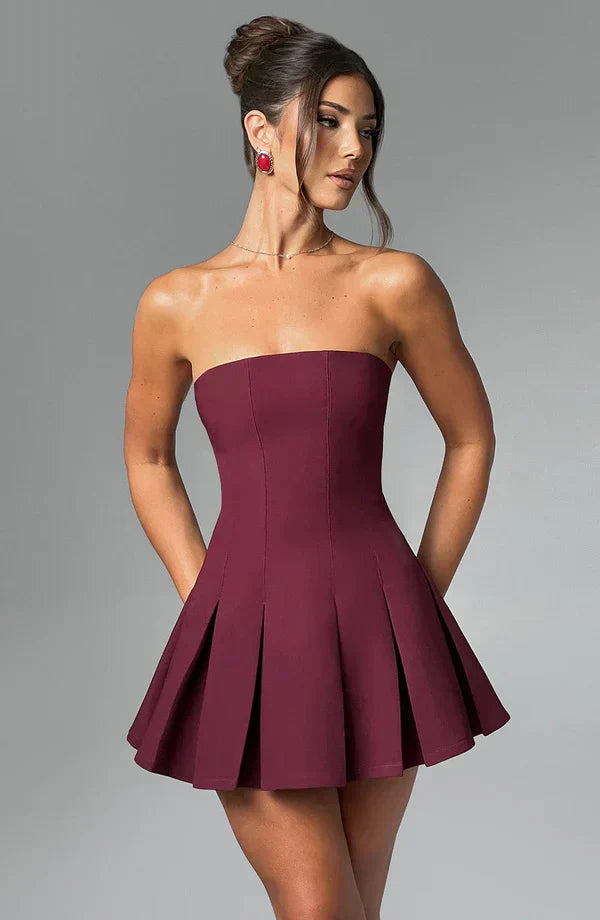 Rose Gold Strapless Mini Dress with Box Pleat Skirt