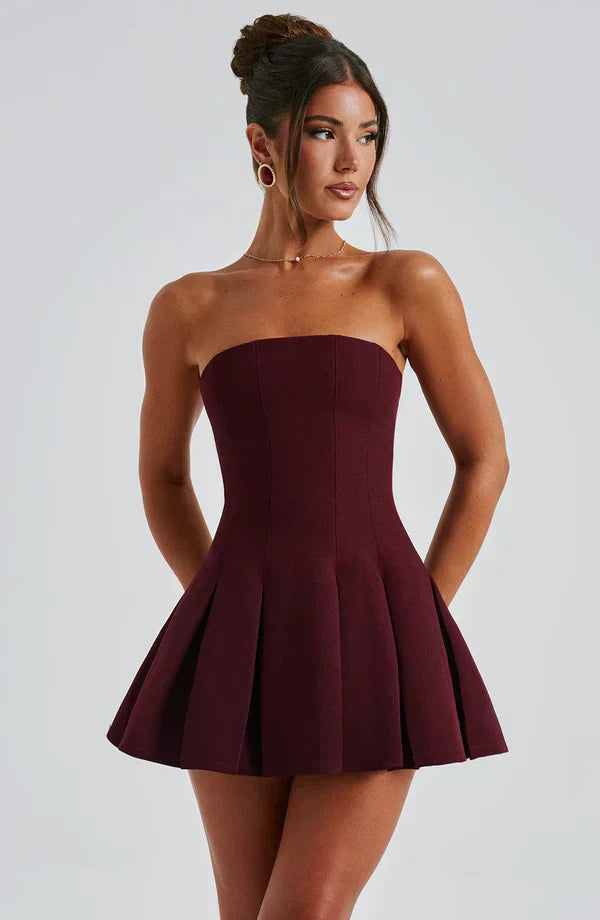 Rose Gold Strapless Mini Dress with Box Pleat Skirt