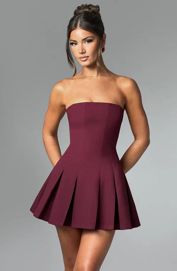 Rose Gold Strapless Mini Dress with Box Pleat Skirt