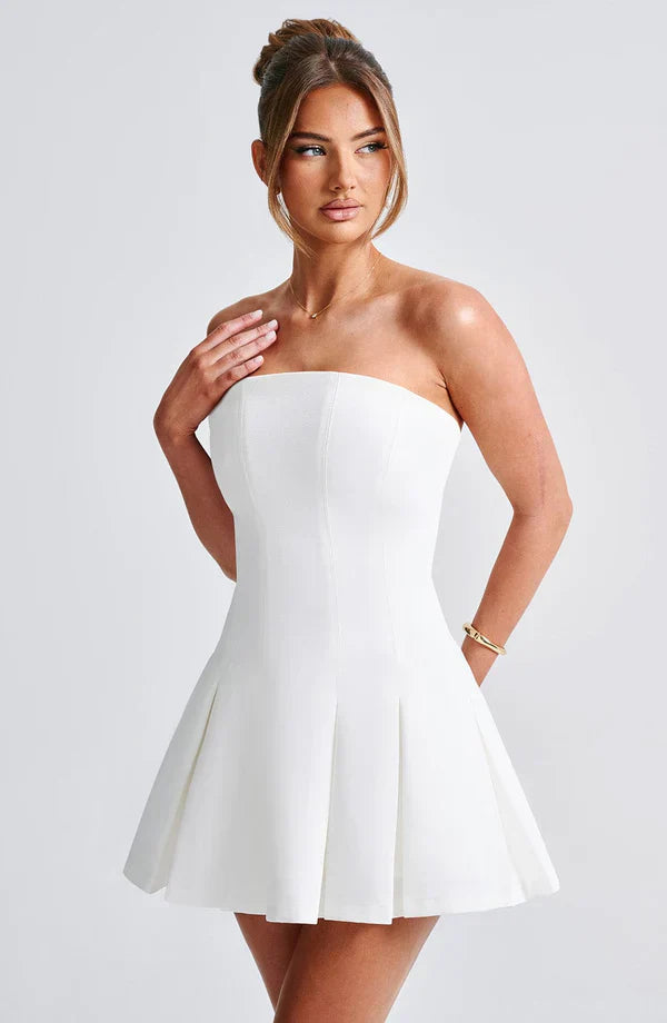 White Strapless Mini Dress with Box Pleat Skirt