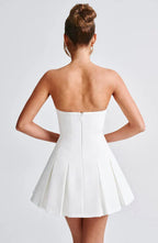White Strapless Mini Dress with Box Pleat Skirt