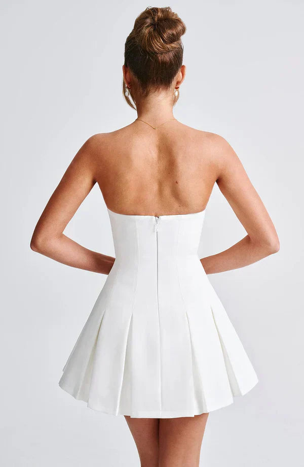 White Strapless Mini Dress with Box Pleat Skirt