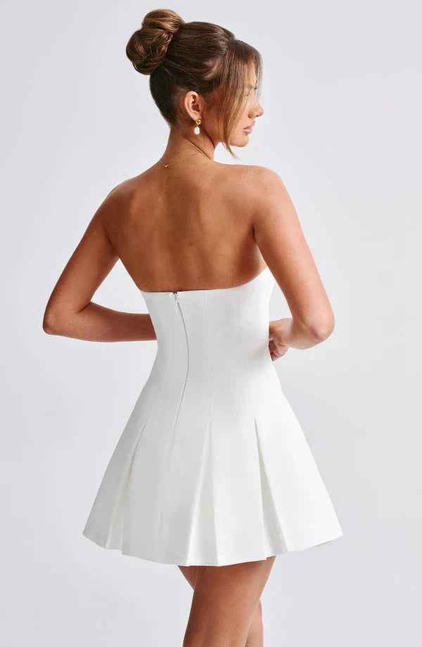 White Strapless Mini Dress with Box Pleat Skirt