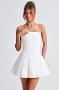 White Strapless Mini Dress with Box Pleat Skirt