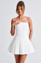 White Strapless Mini Dress with Box Pleat Skirt