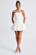 White Strapless Mini Dress with Box Pleat Skirt