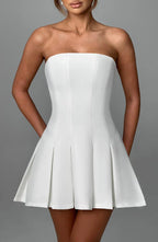 White Strapless Mini Dress with Box Pleat Skirt