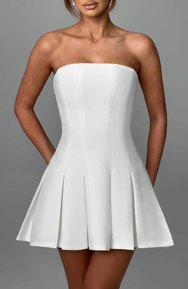 White Strapless Mini Dress with Box Pleat Skirt