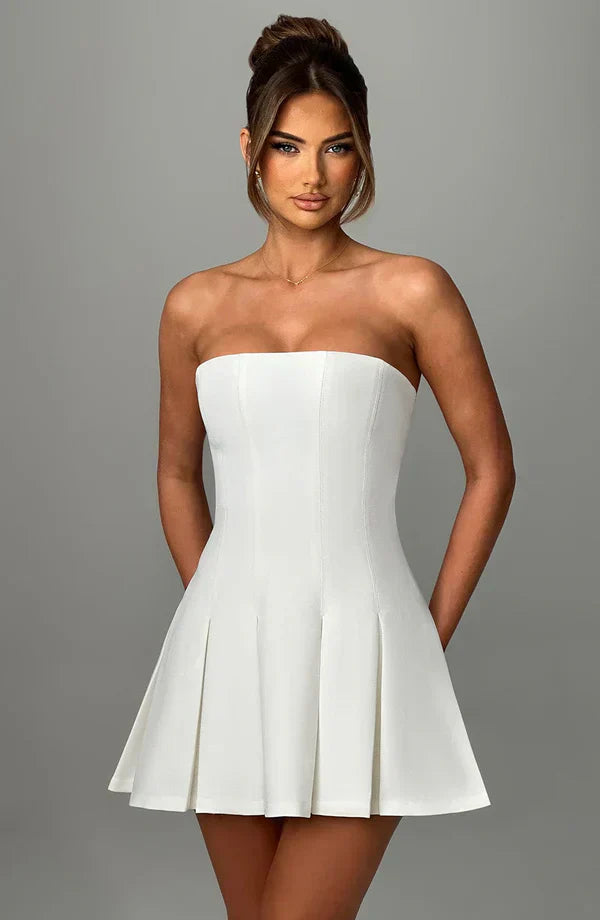 White Strapless Mini Dress with Box Pleat Skirt