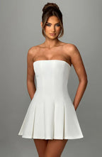 White Strapless Mini Dress with Box Pleat Skirt