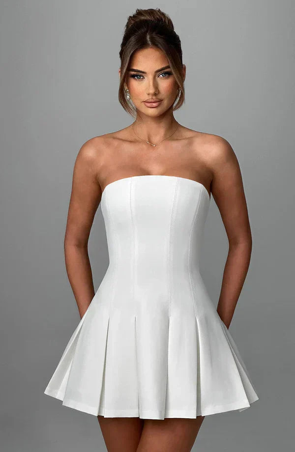 White Strapless Mini Dress with Box Pleat Skirt