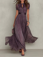 Women's A-Line Chiffon Maxi Dress with Keyhole Neckline