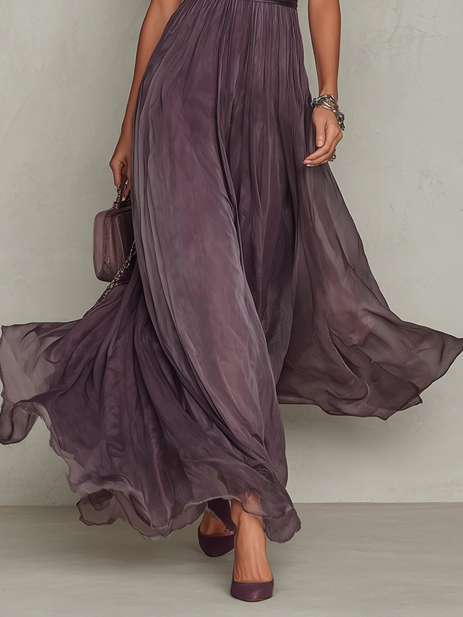 Women's A-Line Chiffon Maxi Dress with Keyhole Neckline
