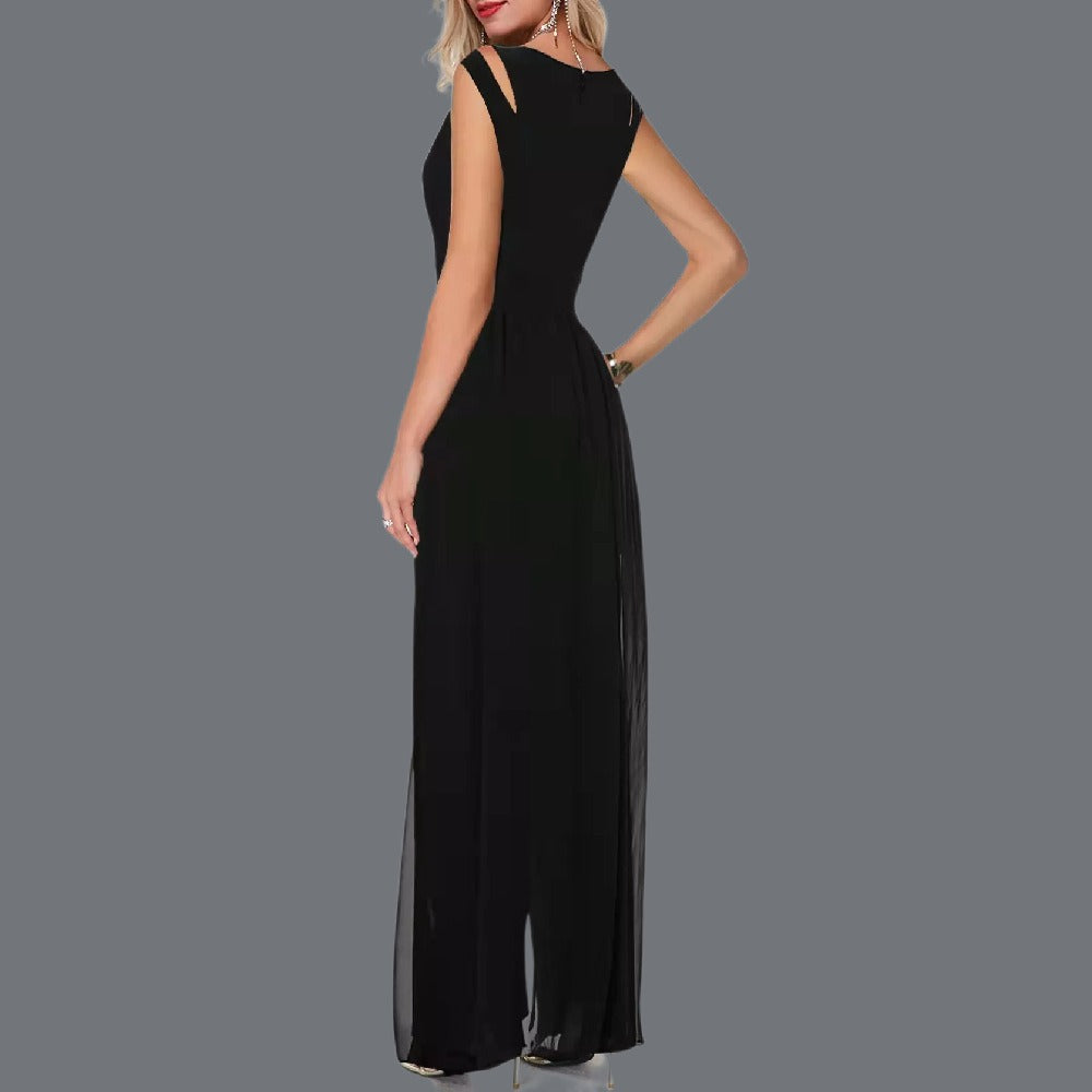 Women's Chiffon Wide-Leg Jumpsuit with Cutout Shoulder