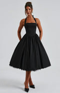 Black Midi Halter Neck Dress with Lace-Up Back