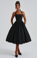 Black Midi Halter Neck Dress with Lace-Up Back