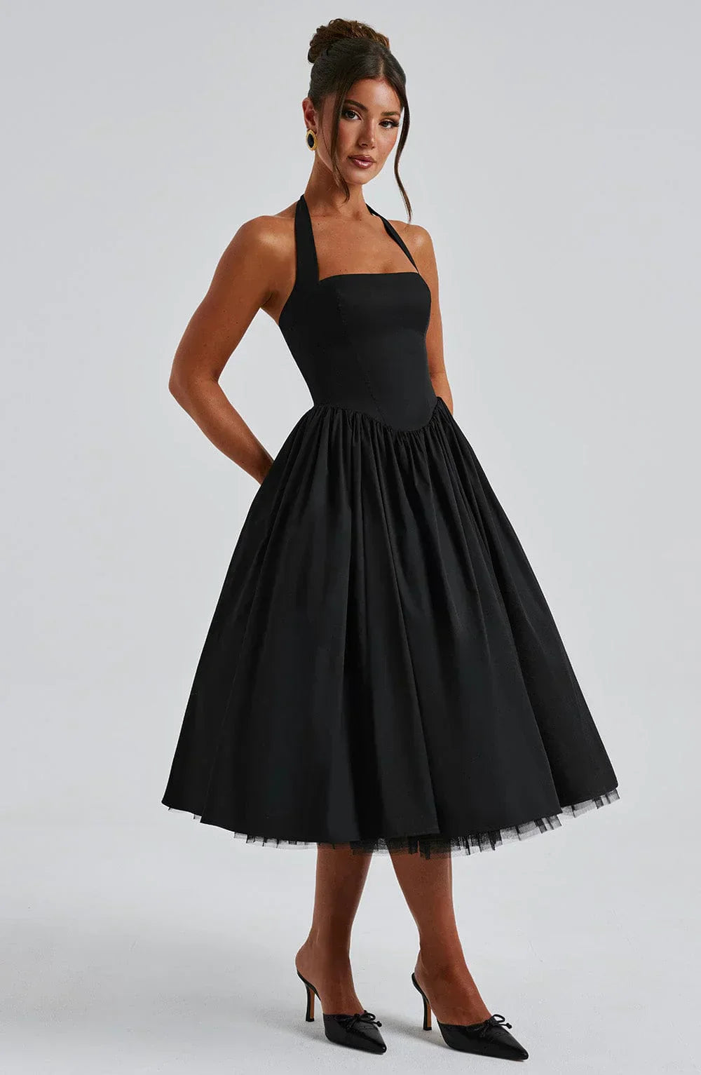 Black Midi Halter Neck Dress with Lace-Up Back