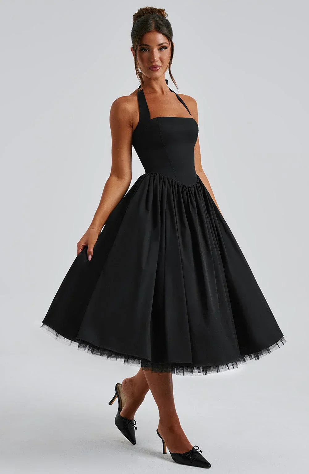 Black Midi Halter Neck Dress with Lace-Up Back