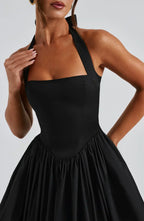 Black Midi Halter Neck Dress with Lace-Up Back