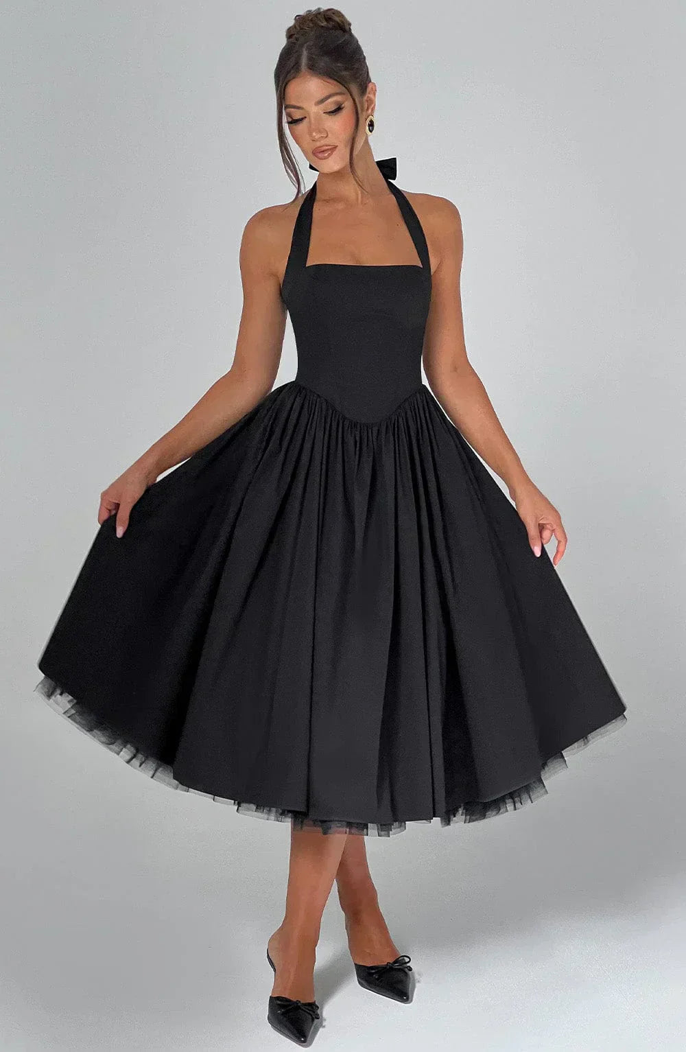Black Midi Halter Neck Dress with Lace-Up Back
