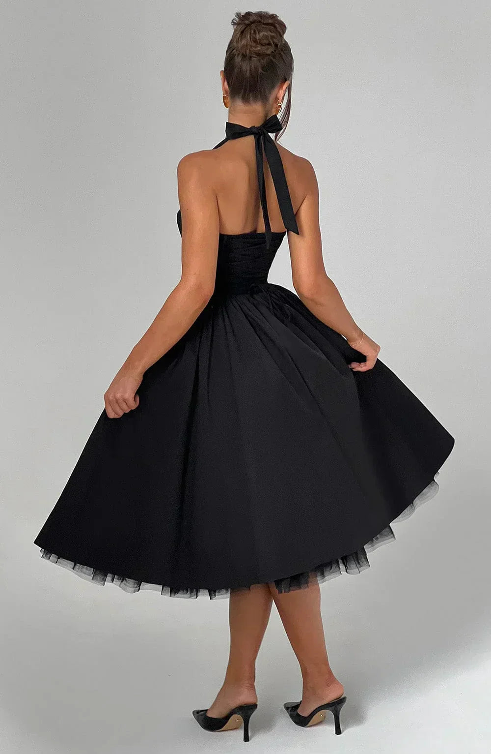 Black Midi Halter Neck Dress with Lace-Up Back