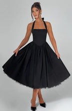 Black Midi Halter Neck Dress with Lace-Up Back