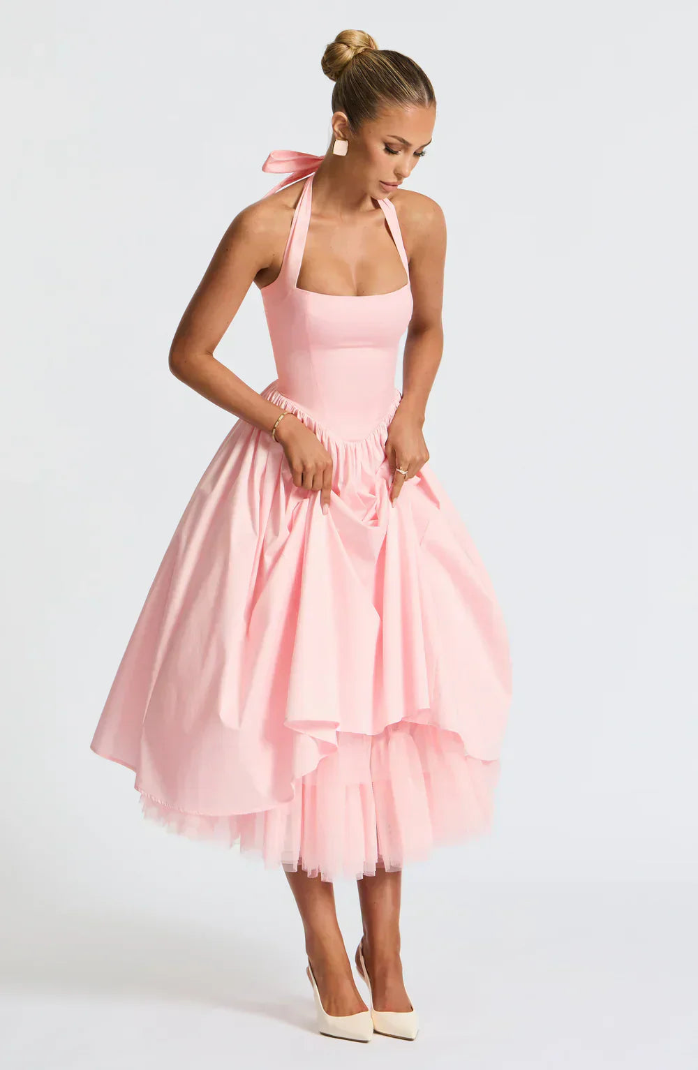 Pink Midi Halter Neck Dress with Lace-Up Back