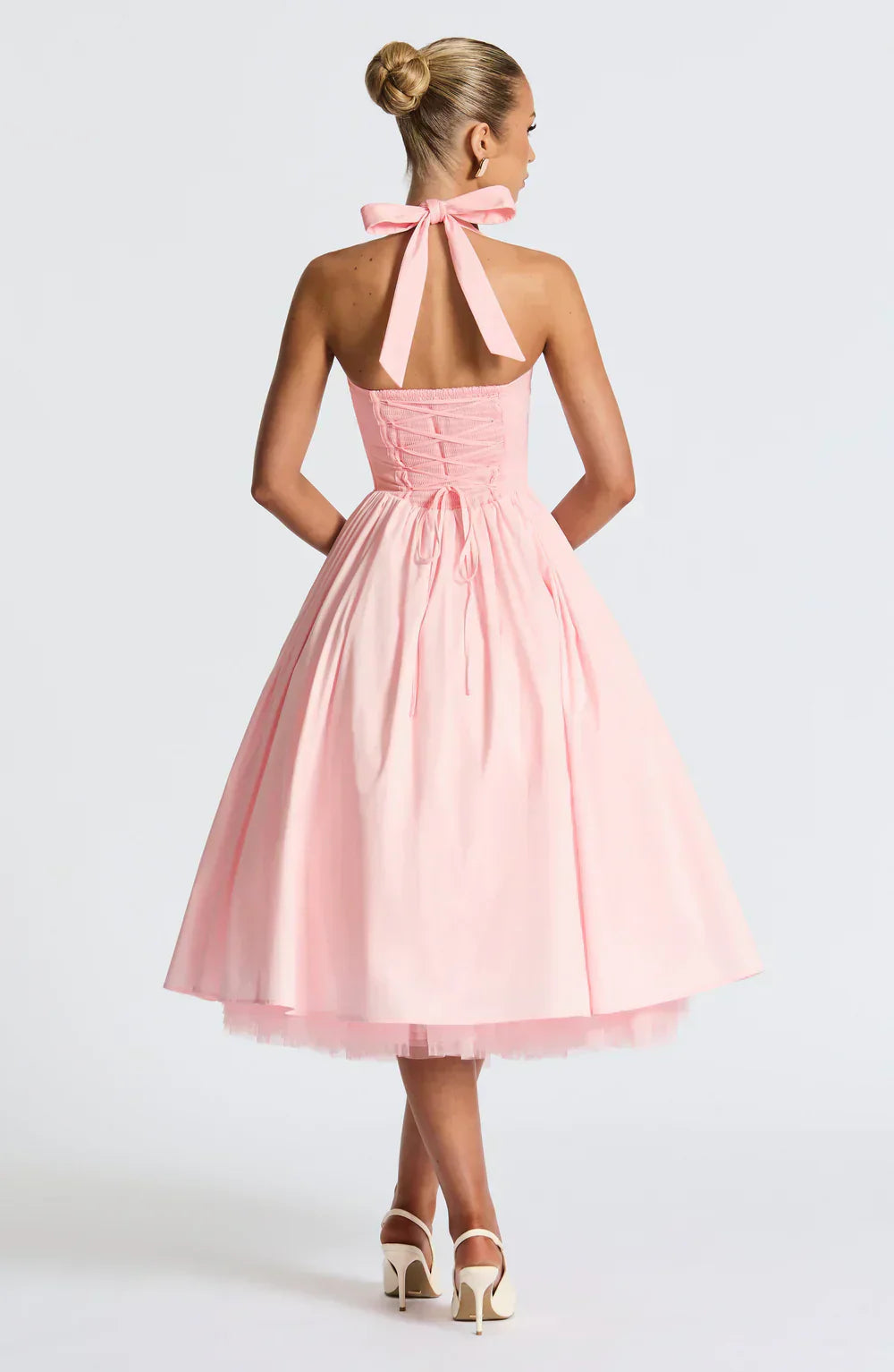 Pink Midi Halter Neck Dress with Lace-Up Back