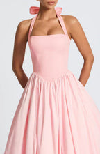 Pink Midi Halter Neck Dress with Lace-Up Back